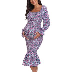 Maternity Summer Floral Midi Bodycon Dresses, Long Puff Sleeve Square Neck Ruffle Hem Mermaid Baby Shower Dress White XL in Kuwait