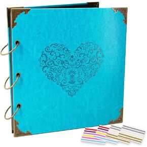 Photo Album or DIY Scrapbook (10x10 inch 50 Pages Double Sided), Vintage Leather Cover Three-Ring Binder Picture Booth Albums with 9 Colors 408pcs Self Adhesive Photos Corners for Memory Keep