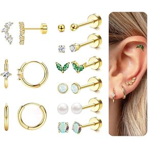 Gold Flat Back Stud Earrings Small Hoop Earrings Sets for Multiple Piercing 20G Hypoallergenic Surgical Stainless Steel Earrings for Women Trendy Cartilage Earring Stacks Flatback Earrings Helix Piercing Jewelry