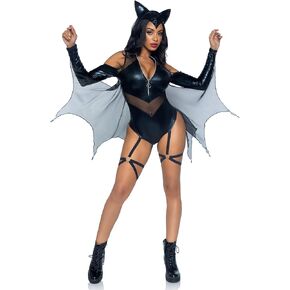 Leg Avenue Women's 2 Pc Midnight Bat Costume Includes Bodysuit with Attached Wings, Headband