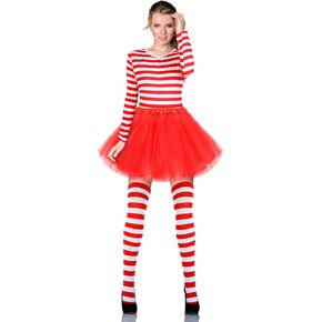 Jadive Women Christmas Costume Set Red Striped T Shirt Tutu Skirt Striped Socks for Christmas Holiday Dress Party