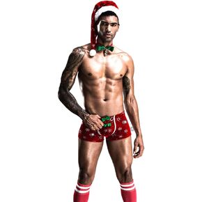 Sexy Christmas Lingerie For Men, Socks&Hat，4Pcs Santa Boxers Set