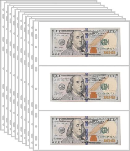 3 جيوب لأكمام مجموعة العملات، 10 أوراق صفحات تجميع ورق النقود القياسية ذات 9 فتحات للعملات والفواتير والمال والورق in Kuwait