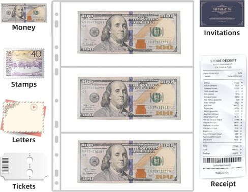 3 جيوب لأكمام مجموعة العملات، 10 أوراق صفحات تجميع ورق النقود القياسية ذات 9 فتحات للعملات والفواتير والمال والورق in Kuwait