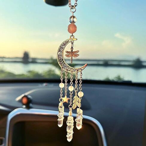 Hanging Car Charm, Handmade Crystal Window Car Hanging Ornaments, Dangling Moon, Healing Crystal Accessories, Rearview Mirror Decorations - Protection, Love, Energy (Dragonfly Moon) in Saudi Arabia