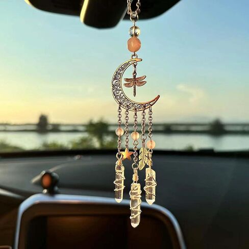 Hanging Car Charm, Handmade Crystal Window Car Hanging Ornaments, Dangling Moon, Healing Crystal Accessories, Rearview Mirror Decorations - Protection, Love, Energy (Dragonfly Moon) in Saudi Arabia