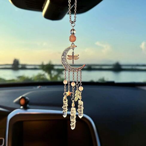 Hanging Car Charm, Handmade Crystal Window Car Hanging Ornaments, Dangling Moon, Healing Crystal Accessories, Rearview Mirror Decorations - Protection, Love, Energy (Dragonfly Moon) in Saudi Arabia