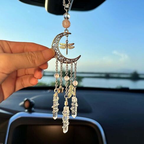 Hanging Car Charm, Handmade Crystal Window Car Hanging Ornaments, Dangling Moon, Healing Crystal Accessories, Rearview Mirror Decorations - Protection, Love, Energy (Dragonfly Moon) in Saudi Arabia