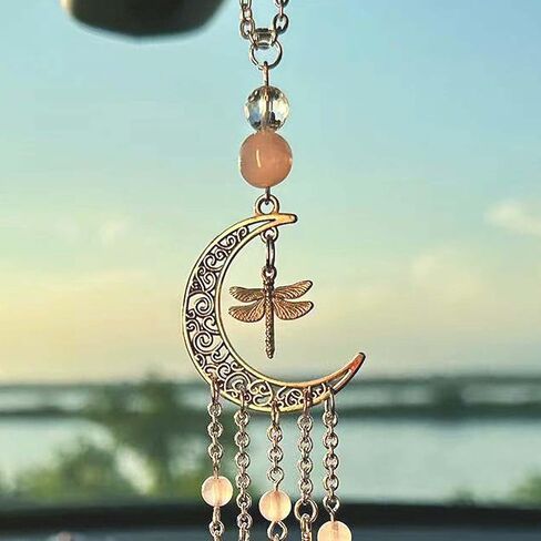 Hanging Car Charm, Handmade Crystal Window Car Hanging Ornaments, Dangling Moon, Healing Crystal Accessories, Rearview Mirror Decorations - Protection, Love, Energy (Dragonfly Moon) in Saudi Arabia