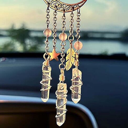 Hanging Car Charm, Handmade Crystal Window Car Hanging Ornaments, Dangling Moon, Healing Crystal Accessories, Rearview Mirror Decorations - Protection, Love, Energy (Dragonfly Moon) in Saudi Arabia