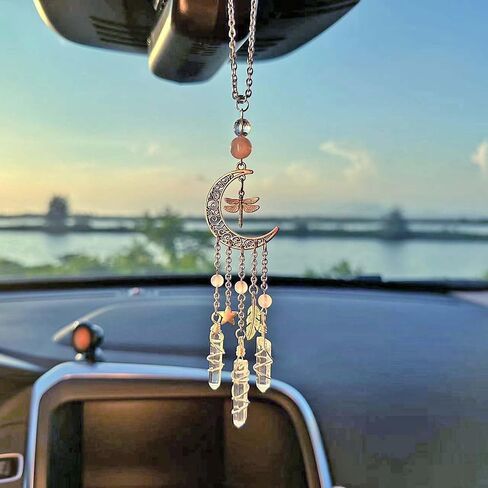 Hanging Car Charm, Handmade Crystal Window Car Hanging Ornaments, Dangling Moon, Healing Crystal Accessories, Rearview Mirror Decorations - Protection, Love, Energy (Dragonfly Moon) in Saudi Arabia