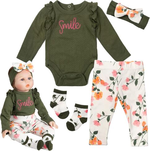 4Pcs Set 22 inch Reborn Doll Clothes Olive-Green Clothes with Headband Suitable for 22-24 inch Reborn Baby Dolls Accessories in Kuwait