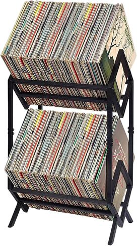 Vinyl Record Storage Rack, 160-200 LP Vinyl Record Holder With Dividers 2-Tier Vinyl Records Display Shelf for Magazine, Book, Files, Albums, Matte Black in Kuwait