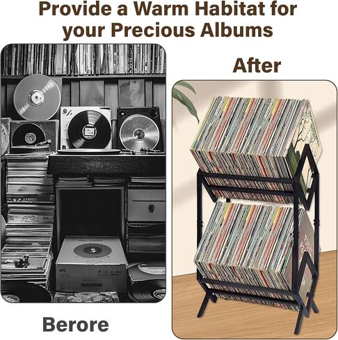 Vinyl Record Storage Rack, 160-200 LP Vinyl Record Holder With Dividers 2-Tier Vinyl Records Display Shelf for Magazine, Book, Files, Albums, Matte Black in Kuwait
