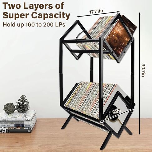 Vinyl Record Storage Rack, 160-200 LP Vinyl Record Holder With Dividers 2-Tier Vinyl Records Display Shelf for Magazine, Book, Files, Albums, Matte Black in Saudi Arabia