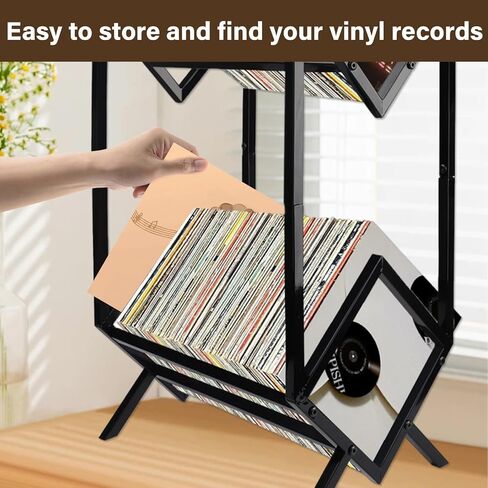 Vinyl Record Storage Rack, 160-200 LP Vinyl Record Holder With Dividers 2-Tier Vinyl Records Display Shelf for Magazine, Book, Files, Albums, Matte Black in Saudi Arabia