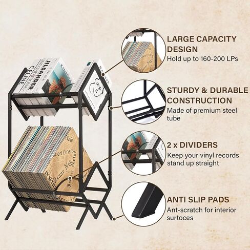 Vinyl Record Storage Rack, 160-200 LP Vinyl Record Holder With Dividers 2-Tier Vinyl Records Display Shelf for Magazine, Book, Files, Albums, Matte Black in Saudi Arabia
