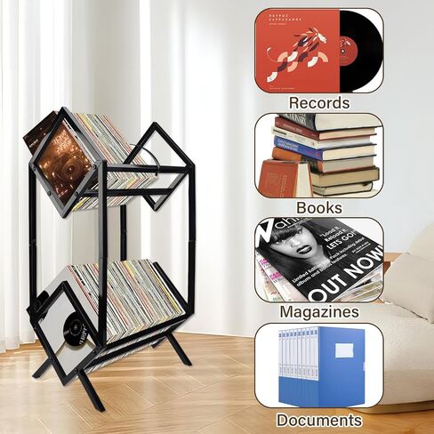 Vinyl Record Storage Rack, 160-200 LP Vinyl Record Holder With Dividers 2-Tier Vinyl Records Display Shelf for Magazine, Book, Files, Albums, Matte Black in Saudi Arabia