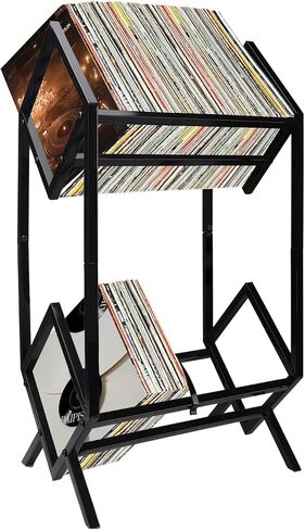 Vinyl Record Storage Rack, 160-200 LP Vinyl Record Holder With Dividers 2-Tier Vinyl Records Display Shelf for Magazine, Book, Files, Albums, Matte Black in Saudi Arabia