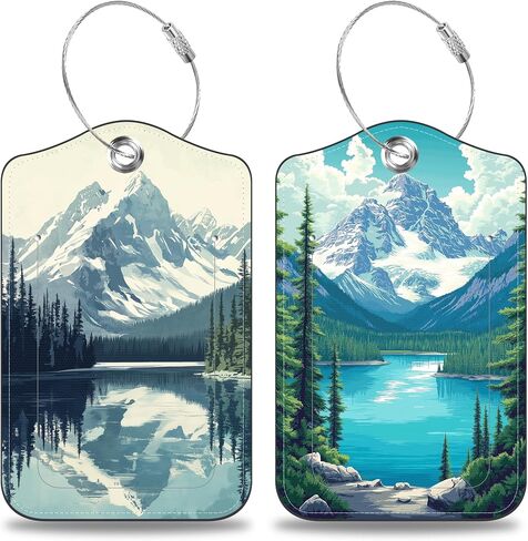 Snow Mountain Lake Forest Set of 2 Luggage Tags for Suitcases Leather Suitcase Tags Identifiers with Privacy Name Address Label and Stainless Steel Loop for Women Men Travel Luggage Accessories in Saudi Arabia