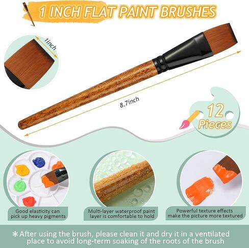 12 قطعة فرشاة طلاء مسطحة مقاس 1 بوصة لطلاء الأكريليك مقبض خشبي من النايلون فرش حرفية للحرف الزيتية المائية فن الوجه والجسم in Kuwait
