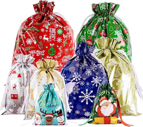G2PLUS 20PCS Christmas Drawstring Gift Bags Assorted Sizes, Goodie Bags with Ribbon, 8 Designs Aluminum Foil Christmas Bags, Present Wrapping Bags for Packages, Holidays, and Birthday Party in Saudi Arabia