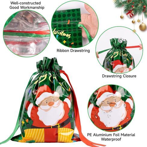 G2PLUS 20PCS Christmas Drawstring Gift Bags Assorted Sizes, Goodie Bags with Ribbon, 8 Designs Aluminum Foil Christmas Bags, Present Wrapping Bags for Packages, Holidays, and Birthday Party in Saudi Arabia