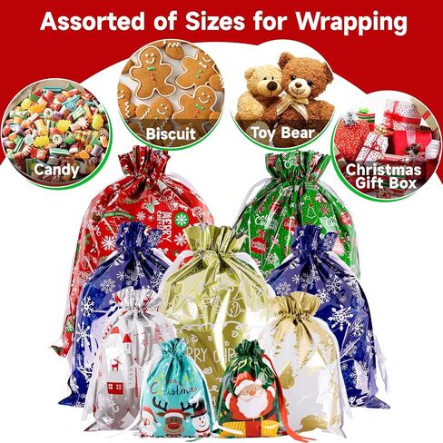 G2PLUS 20PCS Christmas Drawstring Gift Bags Assorted Sizes, Goodie Bags with Ribbon, 8 Designs Aluminum Foil Christmas Bags, Present Wrapping Bags for Packages, Holidays, and Birthday Party in Saudi Arabia