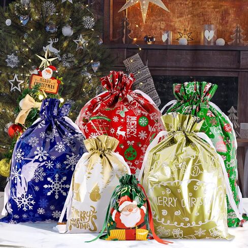 G2PLUS 20PCS Christmas Drawstring Gift Bags Assorted Sizes, Goodie Bags with Ribbon, 8 Designs Aluminum Foil Christmas Bags, Present Wrapping Bags for Packages, Holidays, and Birthday Party in Saudi Arabia