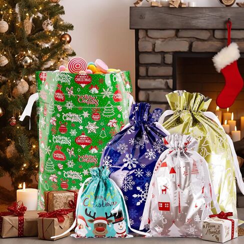 G2PLUS 20PCS Christmas Drawstring Gift Bags Assorted Sizes, Goodie Bags with Ribbon, 8 Designs Aluminum Foil Christmas Bags, Present Wrapping Bags for Packages, Holidays, and Birthday Party in Saudi Arabia