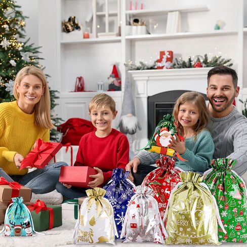 G2PLUS 20PCS Christmas Drawstring Gift Bags Assorted Sizes, Goodie Bags with Ribbon, 8 Designs Aluminum Foil Christmas Bags, Present Wrapping Bags for Packages, Holidays, and Birthday Party in Saudi Arabia