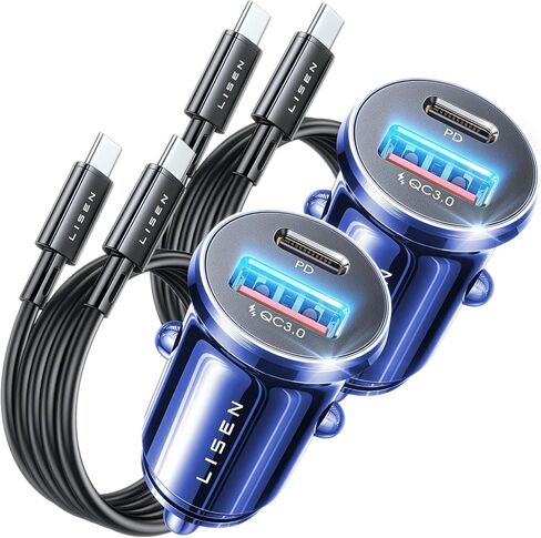 شاحن سيارة LISEN 54W USB C [2 حزمة + 2 كابل] [ميني ومعدن] شاحن USB ولاعة السجائر شحن سريع [PD+QC3.0] محول شاحن هاتف السيارة USBC لهاتف iPhone 15 Pro Max Plus 14 Samsung Galaxy S24 iPad Pro in Saudi Arabia