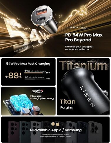 شاحن سيارة LISEN 54W USB C [2 حزمة + 2 كابل] [ميني ومعدن] شاحن USB ولاعة السجائر شحن سريع [PD+QC3.0] محول شاحن هاتف السيارة USBC لهاتف iPhone 15 Pro Max Plus 14 Samsung Galaxy S24 iPad Pro in Saudi Arabia