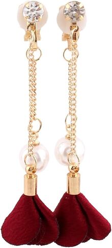 Grace Jun™ Gold Plated Handmade Frabic Flower Simulated Pearl Tassel Clip on Earrings No Pierced for Women in Kuwait