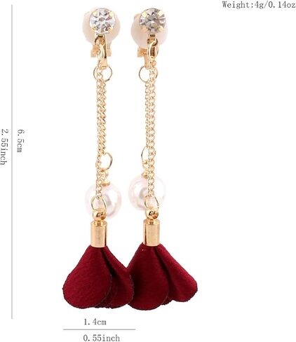 Grace Jun™ Gold Plated Handmade Frabic Flower Simulated Pearl Tassel Clip on Earrings No Pierced for Women in Kuwait
