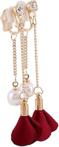 Grace Jun™ Gold Plated Handmade Frabic Flower Simulated Pearl Tassel Clip on Earrings No Pierced for Women in Kuwait
