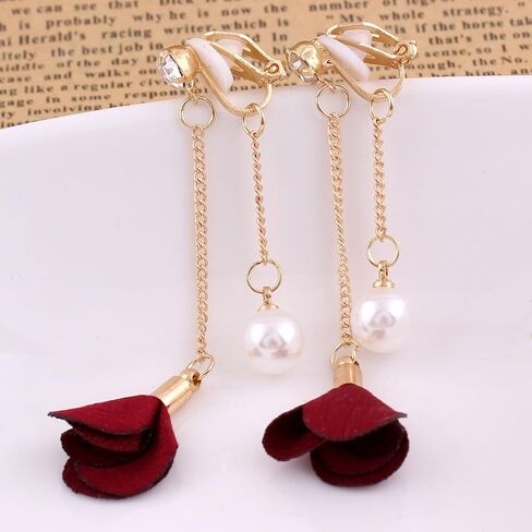 Grace Jun™ Gold Plated Handmade Frabic Flower Simulated Pearl Tassel Clip on Earrings No Pierced for Women in Kuwait