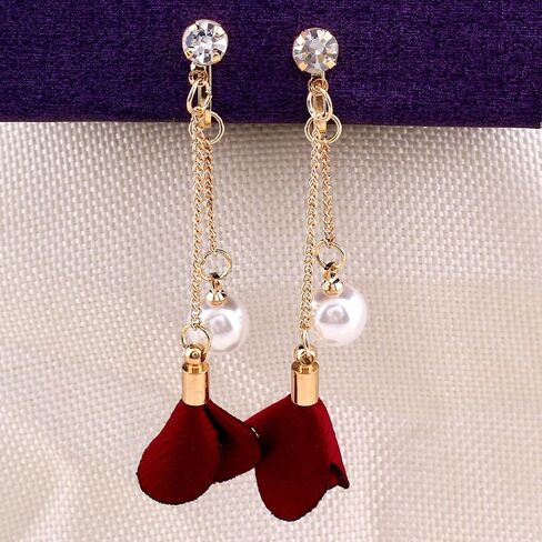 Grace Jun™ Gold Plated Handmade Frabic Flower Simulated Pearl Tassel Clip on Earrings No Pierced for Women in Kuwait