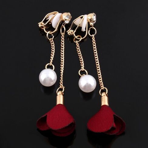 Grace Jun™ Gold Plated Handmade Frabic Flower Simulated Pearl Tassel Clip on Earrings No Pierced for Women in Kuwait