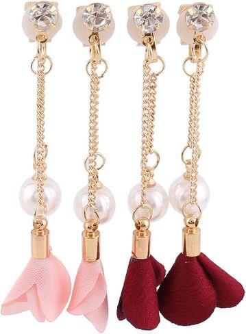 Grace Jun™ Gold Plated Handmade Frabic Flower Simulated Pearl Tassel Clip on Earrings No Pierced for Women in Kuwait
