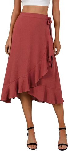Women's Elegant Ruffle Wrap Asymmetrical Tie High Waist Long Skirt A-line Casual Loose Draped Flowy Skirts in Kuwait