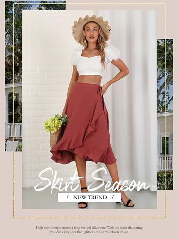 Women's Elegant Ruffle Wrap Asymmetrical Tie High Waist Long Skirt A-line Casual Loose Draped Flowy Skirts in Kuwait