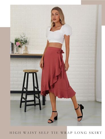 Women's Elegant Ruffle Wrap Asymmetrical Tie High Waist Long Skirt A-line Casual Loose Draped Flowy Skirts in Kuwait