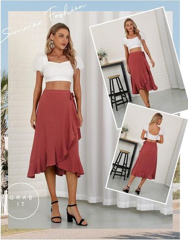 Women's Elegant Ruffle Wrap Asymmetrical Tie High Waist Long Skirt A-line Casual Loose Draped Flowy Skirts in Kuwait