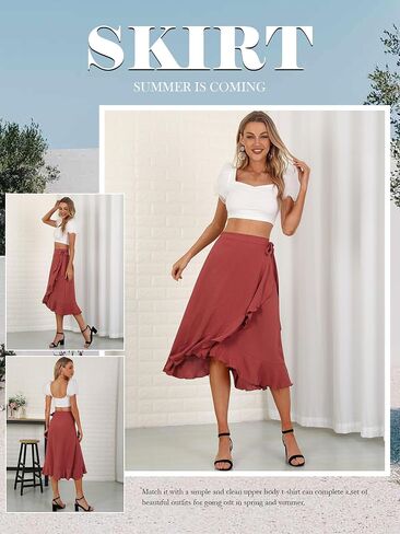 Women's Elegant Ruffle Wrap Asymmetrical Tie High Waist Long Skirt A-line Casual Loose Draped Flowy Skirts in Kuwait