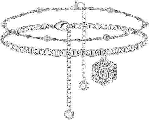 YANCHUN Initial Ankle Bracelets for Women Silver Heart Double Layered Initial Anklets Jewelry Gifts for Women Trendy Stocking Stuffers in Saudi Arabia