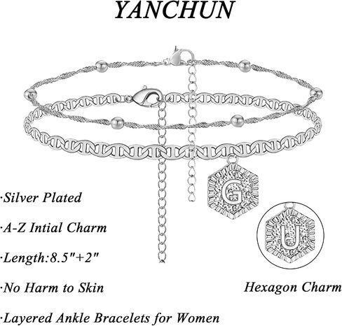 YANCHUN Initial Ankle Bracelets for Women Silver Heart Double Layered Initial Anklets Jewelry Gifts for Women Trendy Stocking Stuffers in Saudi Arabia