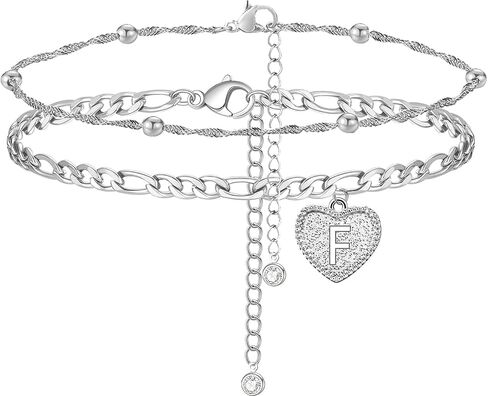 YANCHUN Initial Ankle Bracelets for Women Silver Heart Double Layered Initial Anklets Jewelry Gifts for Women Trendy Stocking Stuffers in Saudi Arabia