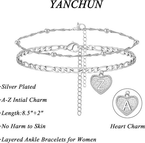 YANCHUN Initial Ankle Bracelets for Women Silver Heart Double Layered Initial Anklets Jewelry Gifts for Women Trendy Stocking Stuffers in Saudi Arabia
