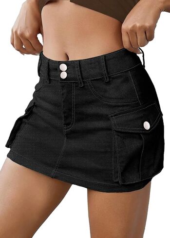 Women Denim Cargo Skirt Low Waist Cargo Skirt for Women Y2K Mini Jean Skirt Buttons Cargo Skirt with Large Pockets in Saudi Arabia